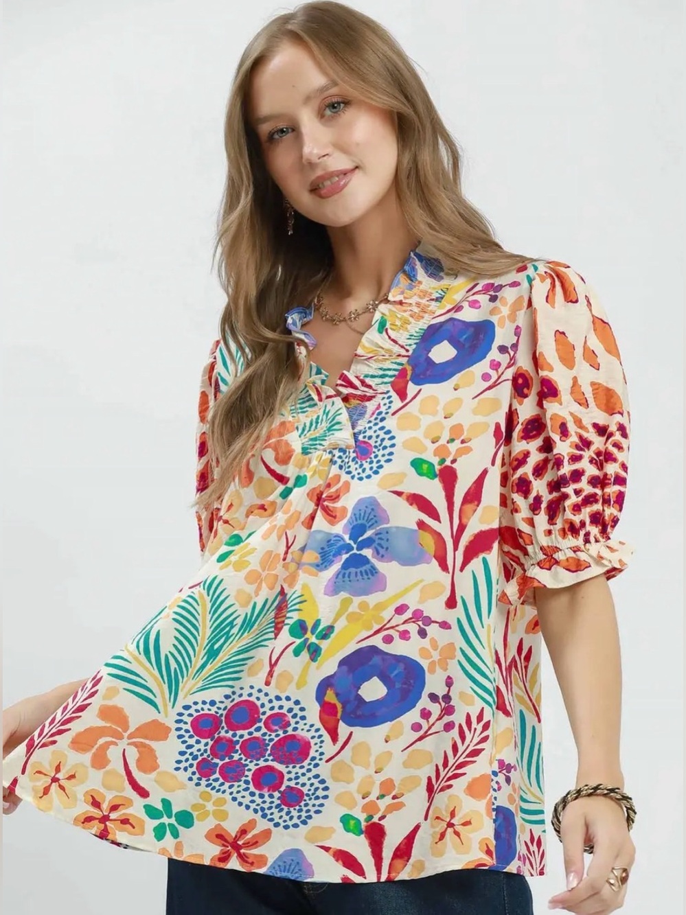 Umgee V-Neck Ruffle Trim Puff Sleeve Top